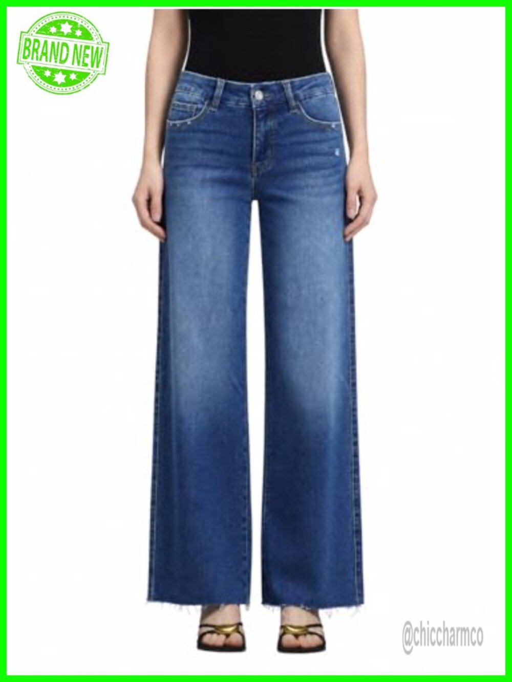 Women's Wide Leg Jeans Raw Hem Mid Rise High Stretch Denim Pants